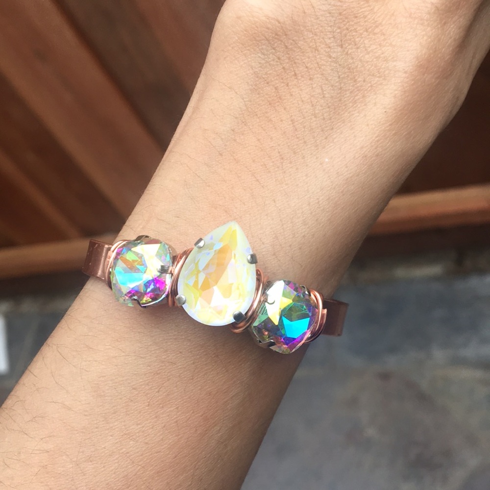 Raw Copper Aurora Borealis + White AB Crystal Cuff Bangle - Picture 16 of 16